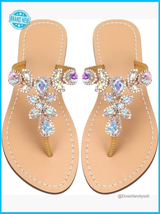 Rhinestone Sandals Sparkling Boho Chic Flat Flip Flops Summer Beach Wedding
